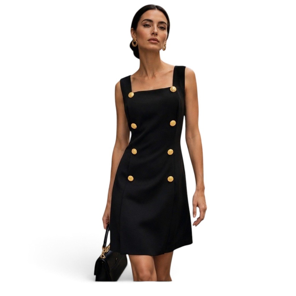 Vintage Andrea Jovine Womens Dress Black Gold Buttons Sheath Cocktail Career ‎ 4